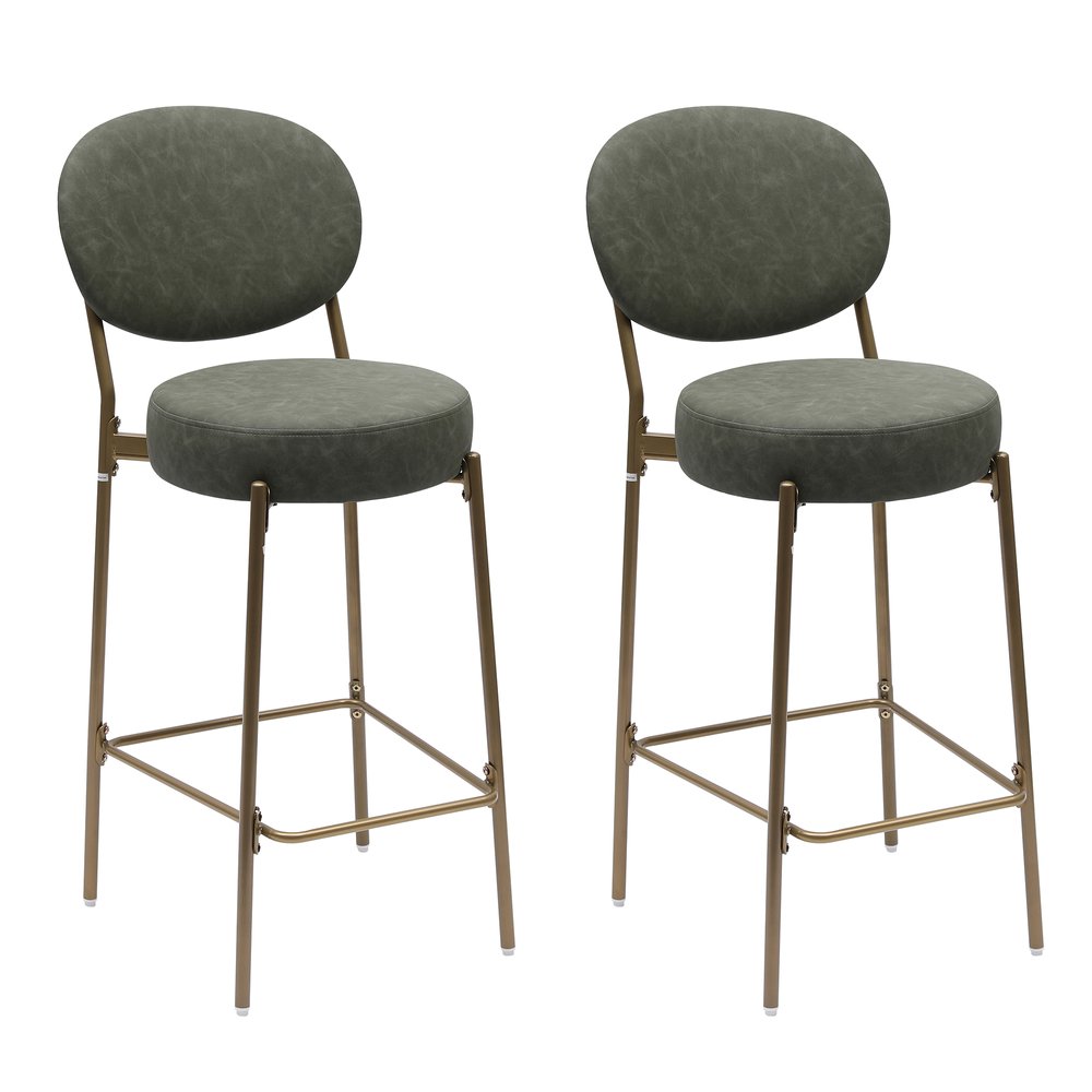 Set of Two 29" Green And Gold Faux Leather And Metal Low Back Bar Height Bar Chairs HomeRoots