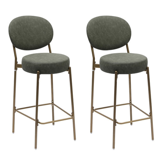 Set of Two 29" Green And Gold Faux Leather And Metal Low Back Bar Height Bar Chairs HomeRoots