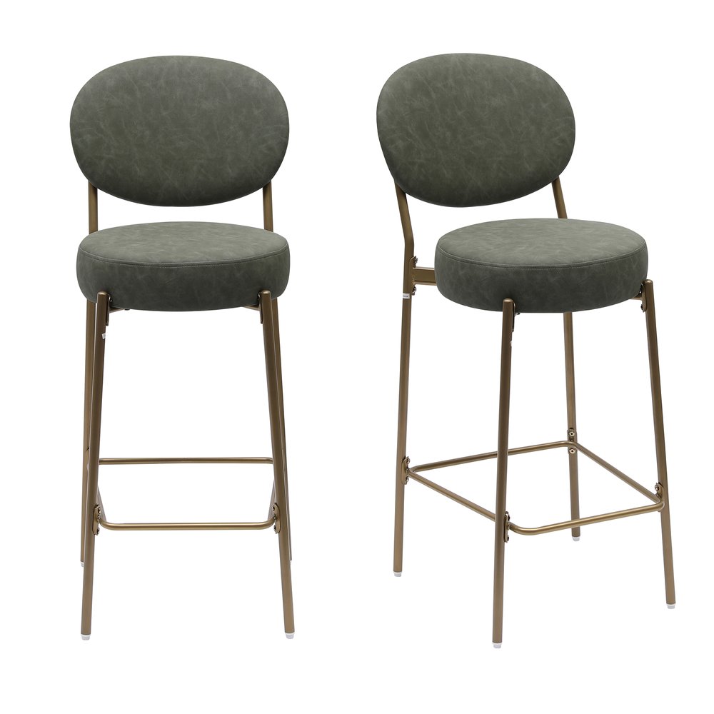 Set of Two 29" Green And Gold Faux Leather And Metal Low Back Bar Height Bar Chairs HomeRoots