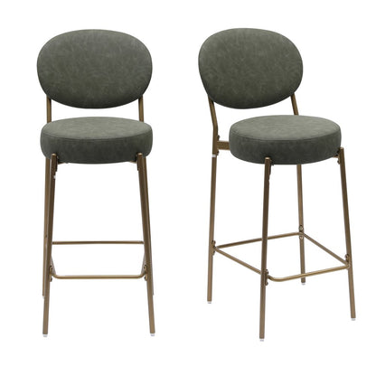 Set of Two 29" Green And Gold Faux Leather And Metal Low Back Bar Height Bar Chairs HomeRoots