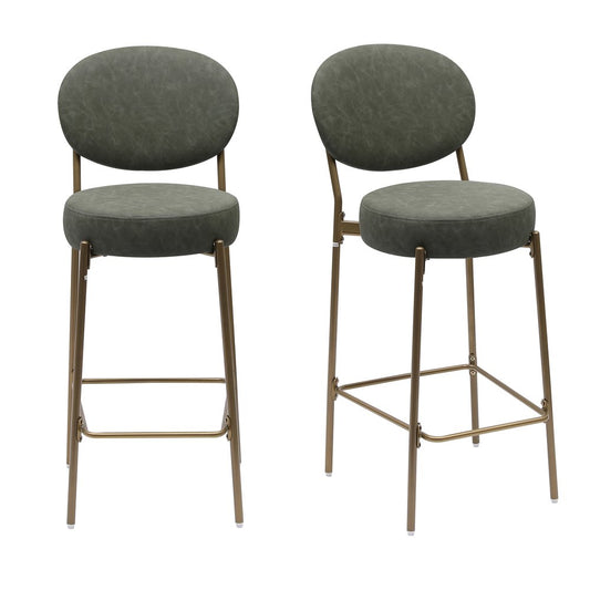 Set of Two 29" Green And Gold Faux Leather And Metal Low Back Bar Height Bar Chairs HomeRoots