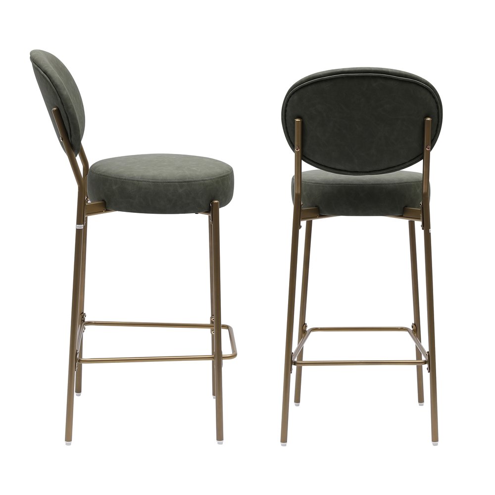 Set of Two 29" Green And Gold Faux Leather And Metal Low Back Bar Height Bar Chairs HomeRoots