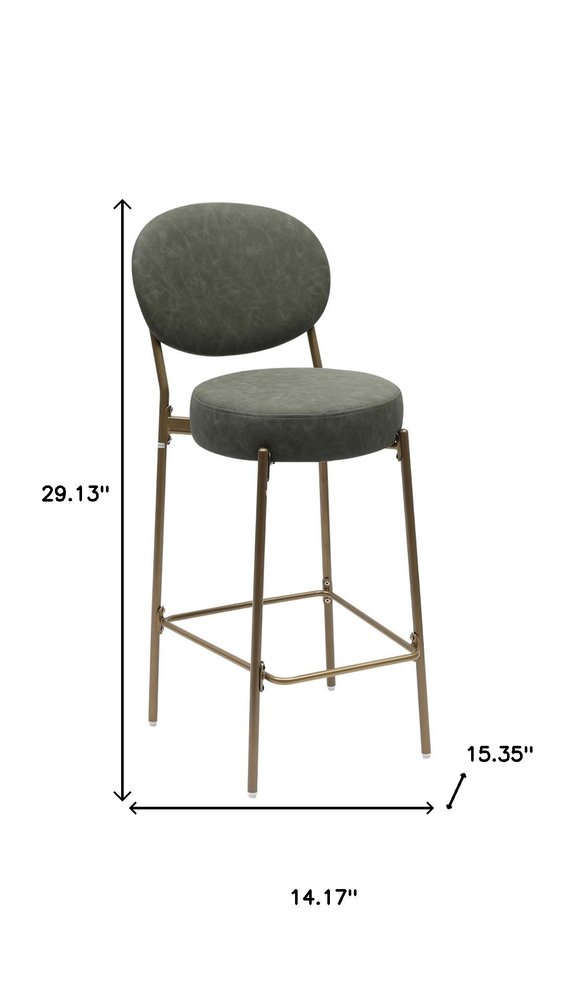 Set of Two 29" Green And Gold Faux Leather And Metal Low Back Bar Height Bar Chairs HomeRoots