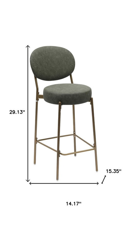 Set of Two 29" Green And Gold Faux Leather And Metal Low Back Bar Height Bar Chairs HomeRoots