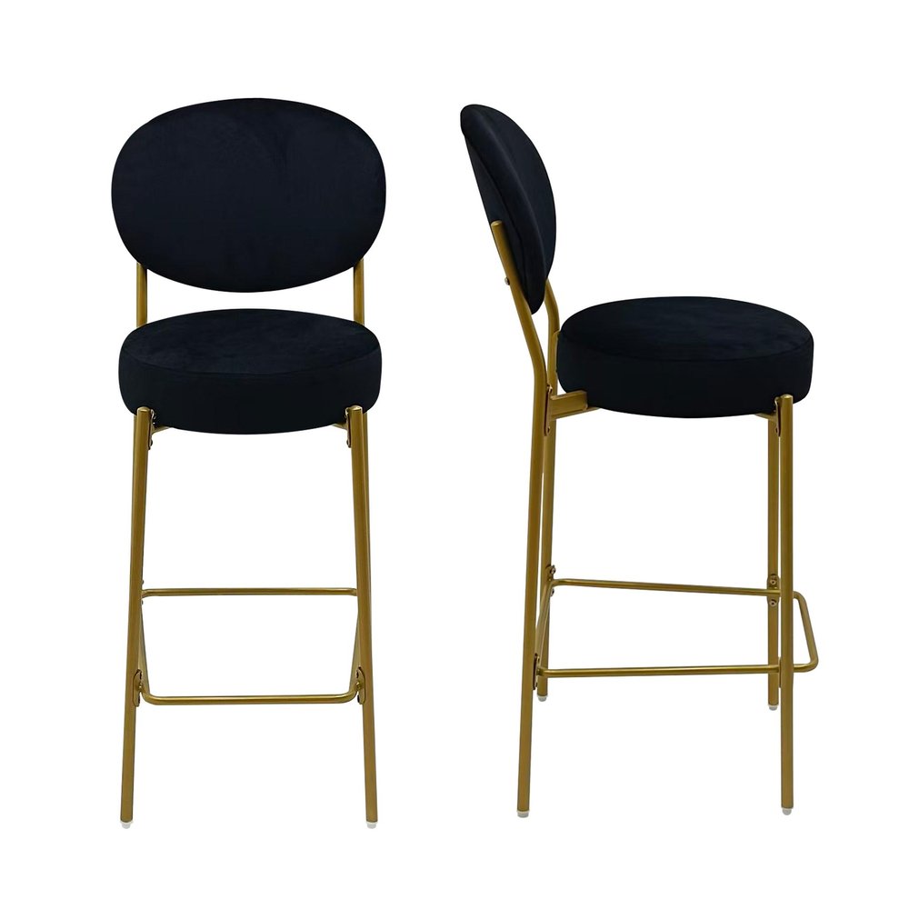 Set of Two 29" Black And Gold Velvet And Metal Low Back Bar Height Bar Chairs HomeRoots