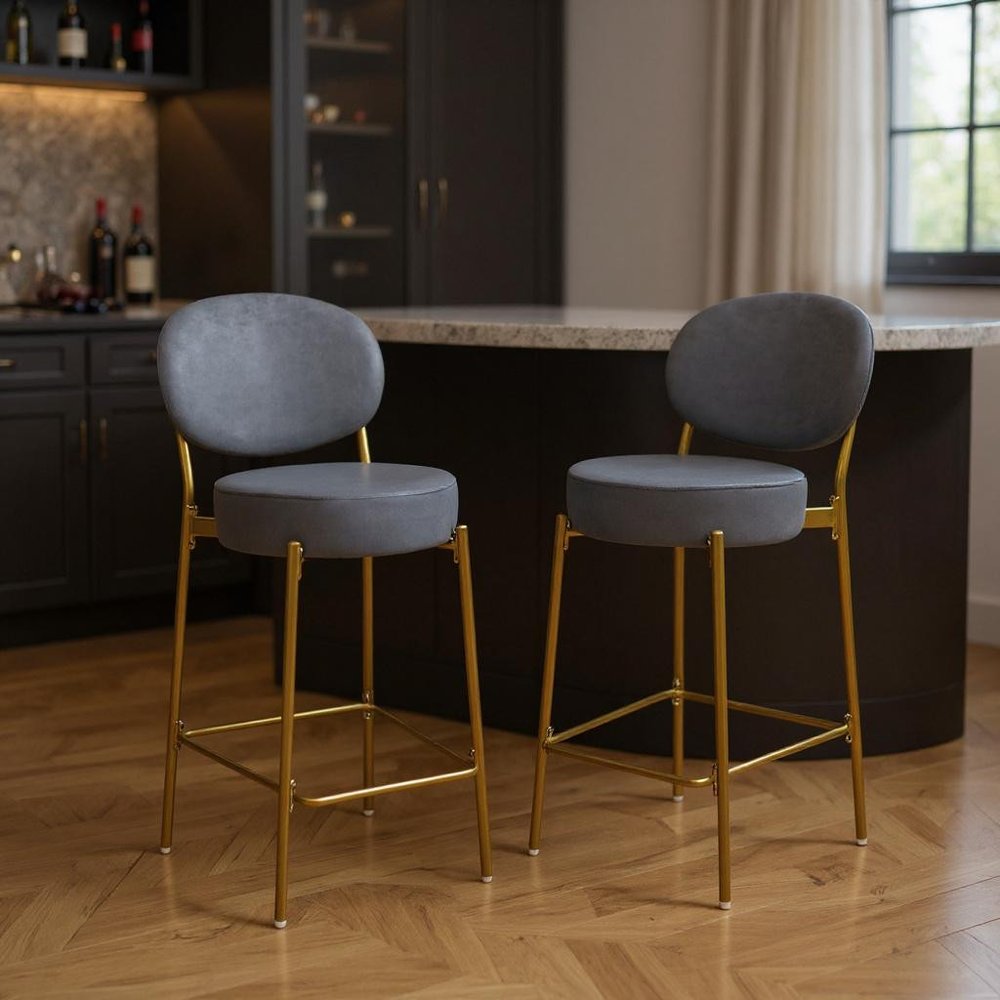Set of Two 29" Gray And Gold Velvet And Metal Low Back Bar Height Bar Chairs HomeRoots