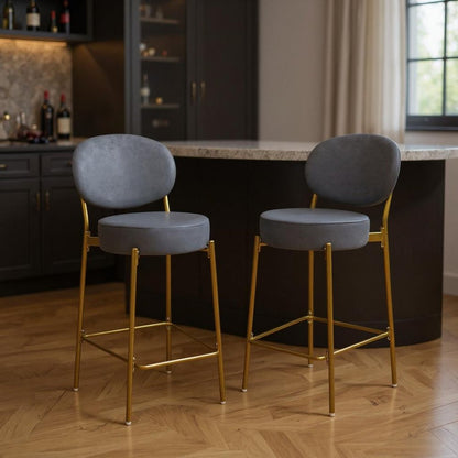 Set of Two 29" Gray And Gold Velvet And Metal Low Back Bar Height Bar Chairs HomeRoots