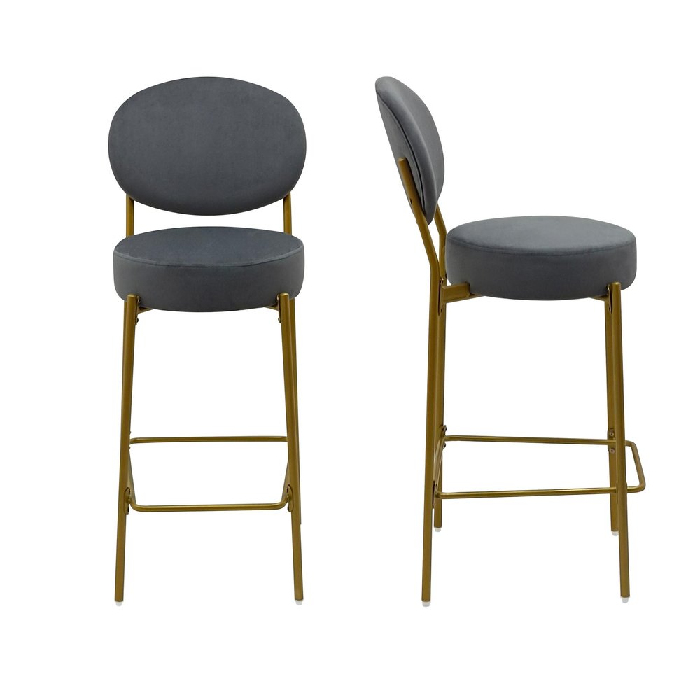 Set of Two 29" Gray And Gold Velvet And Metal Low Back Bar Height Bar Chairs HomeRoots