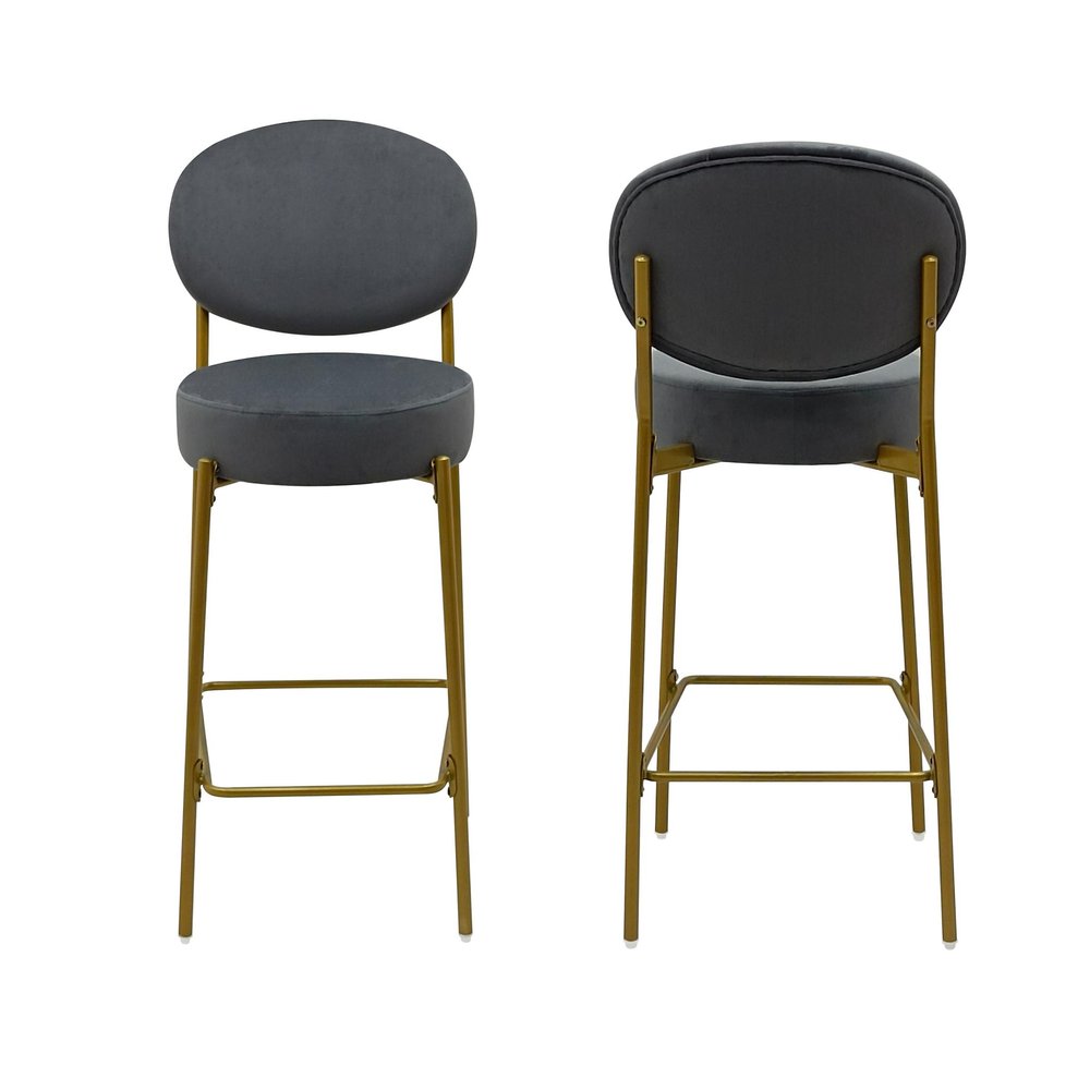 Set of Two 29" Gray And Gold Velvet And Metal Low Back Bar Height Bar Chairs HomeRoots
