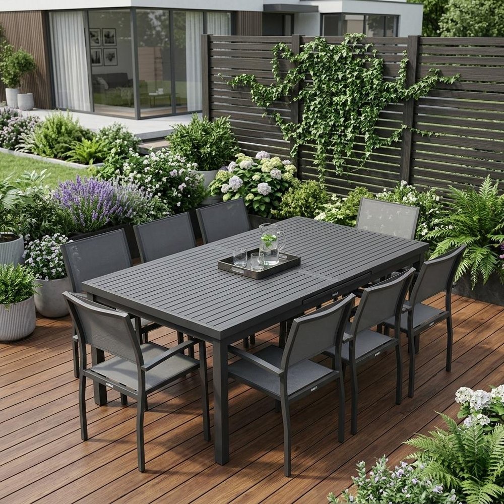Nine Piece Black Metal Dining Set with Eight Chairs HomeRoots