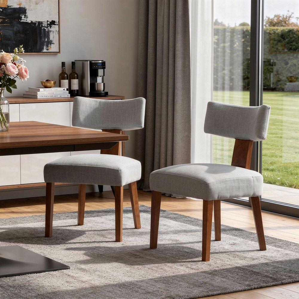 Set of Two Gray and Brown Linen and Solid Wood Dining Side Chairs — view 6