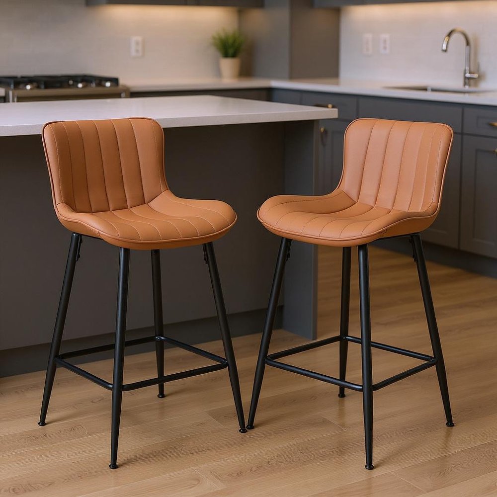 Set of Two 27" Brown And Black Faux Leather And Metal Low Back Counter Height Bar Chairs HomeRoots
