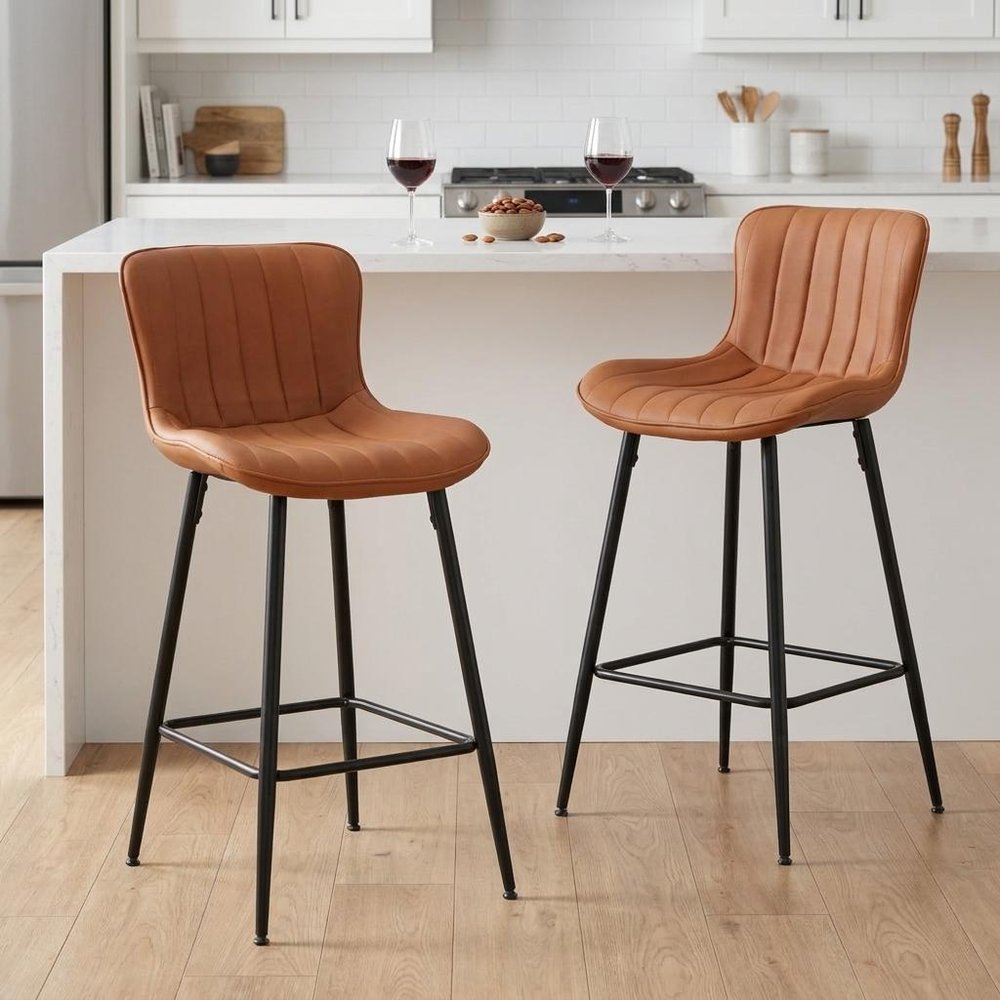 Set of Two 27" Brown And Black Faux Leather And Metal Low Back Counter Height Bar Chairs HomeRoots