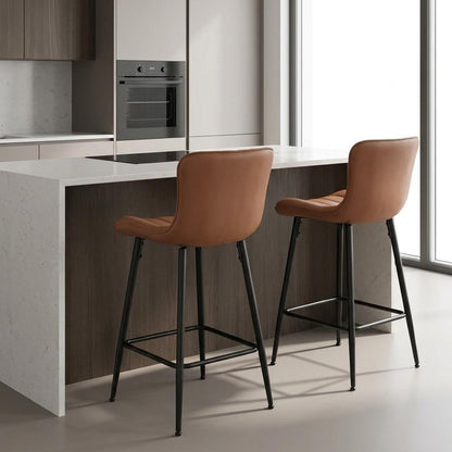 Set of Two 27" Brown And Black Faux Leather And Metal Low Back Counter Height Bar Chairs HomeRoots