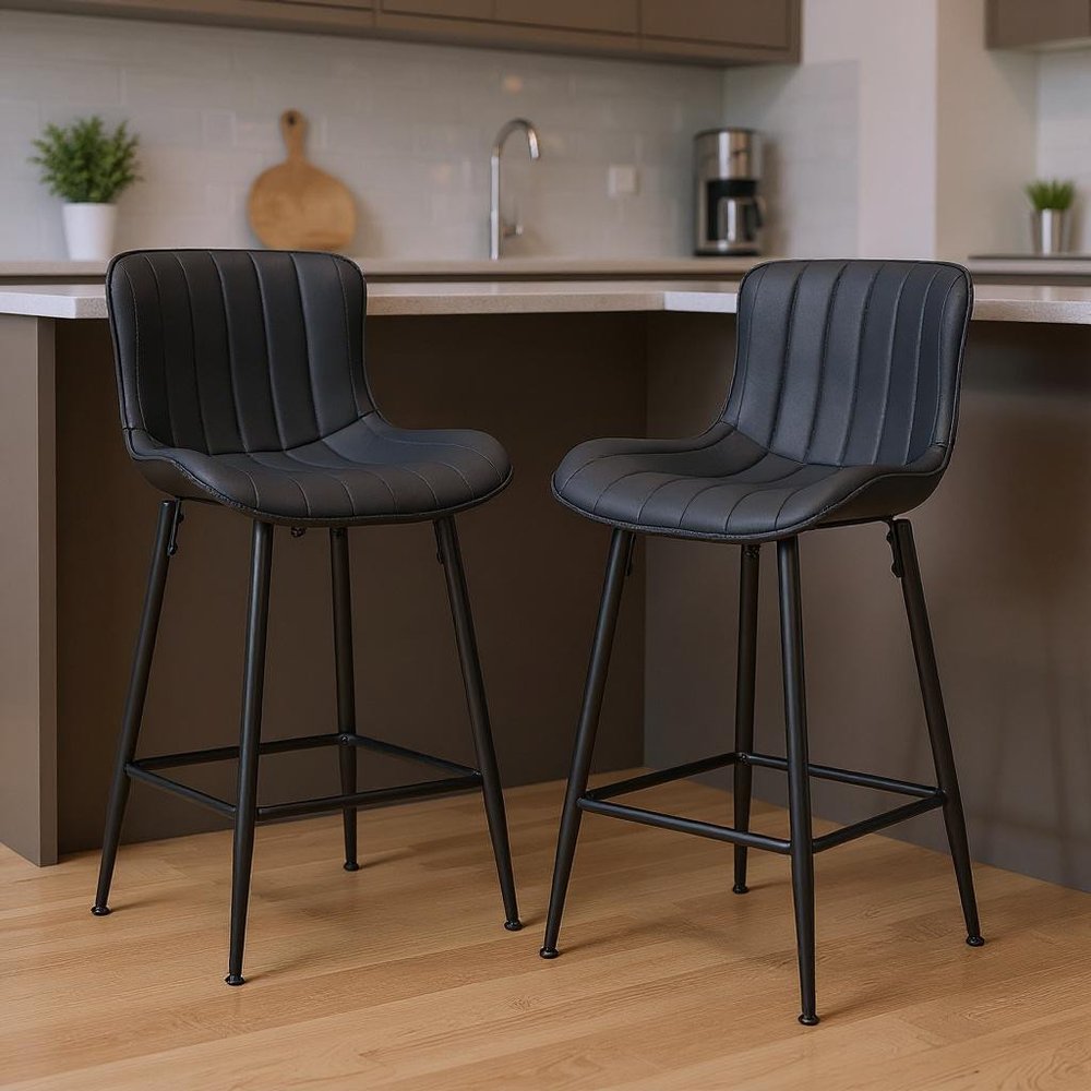 Set of Two 27" Black Faux Leather And Metal Low Back Counter Height Bar Chairs HomeRoots