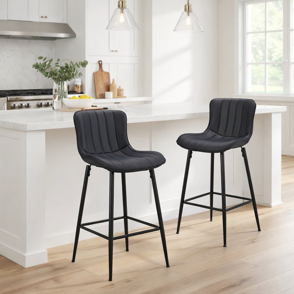Set of Two 27" Black Faux Leather and Metal Low Back Counter Height Bar Chairs HomeRoots