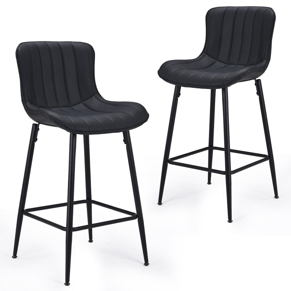 Set of Two 27" Black Faux Leather And Metal Low Back Counter Height Bar Chairs HomeRoots