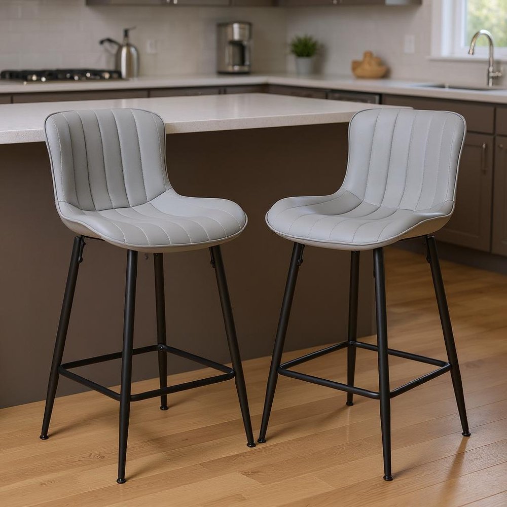 Set of Two 27" Gray And Black Faux Leather And Metal Low Back Counter Height Bar Chairs HomeRoots