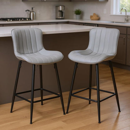 Set of Two 27" Gray And Black Faux Leather And Metal Low Back Counter Height Bar Chairs HomeRoots