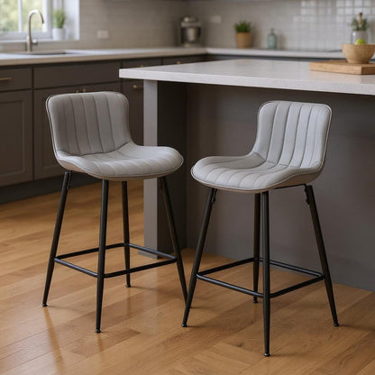 Set of Two 27" Gray And Black Faux Leather And Metal Low Back Counter Height Bar Chairs HomeRoots