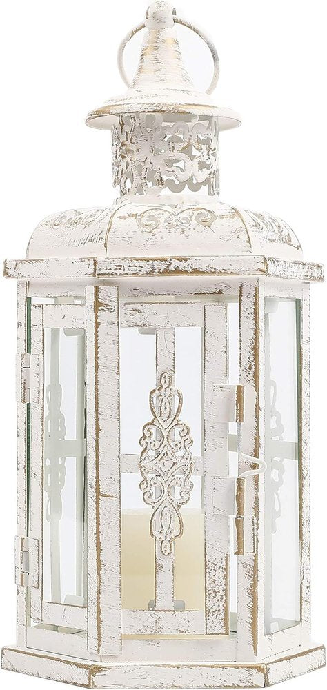 10" Clear And White Glass And Metal Distressed Tabletop Lantern Candle Holder HomeRoots