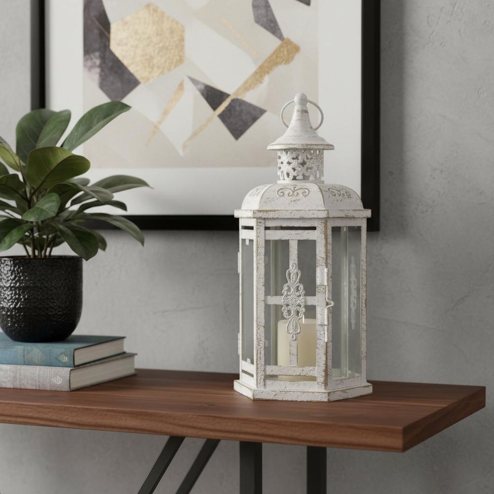 10" Clear And White Glass And Metal Distressed Tabletop Lantern Candle Holder HomeRoots