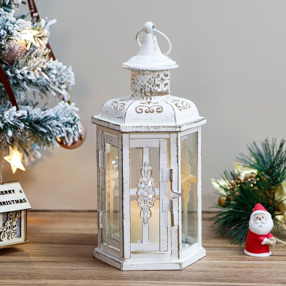 10" Clear And White Glass And Metal Distressed Tabletop Lantern Candle Holder HomeRoots
