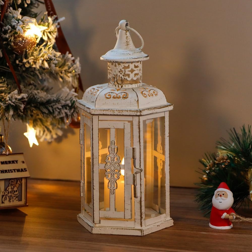 10" Clear And White Glass And Metal Distressed Tabletop Lantern Candle Holder HomeRoots