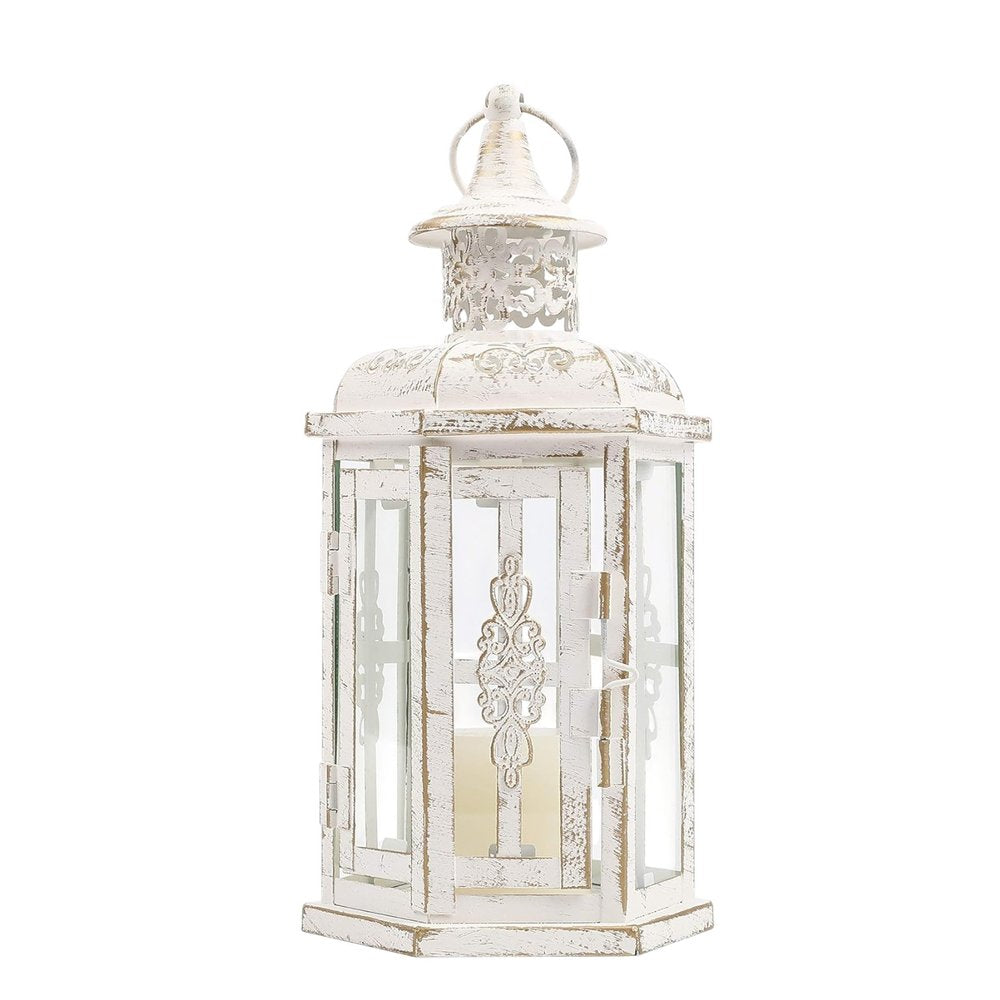 10" Clear And White Glass And Metal Distressed Tabletop Lantern Candle Holder HomeRoots
