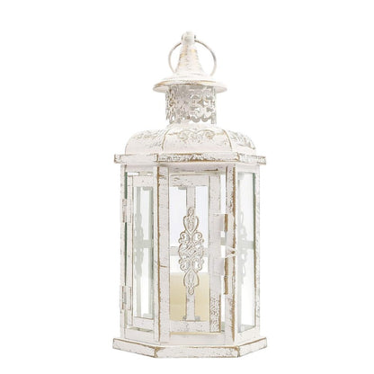 10" Clear And White Glass And Metal Distressed Tabletop Lantern Candle Holder HomeRoots