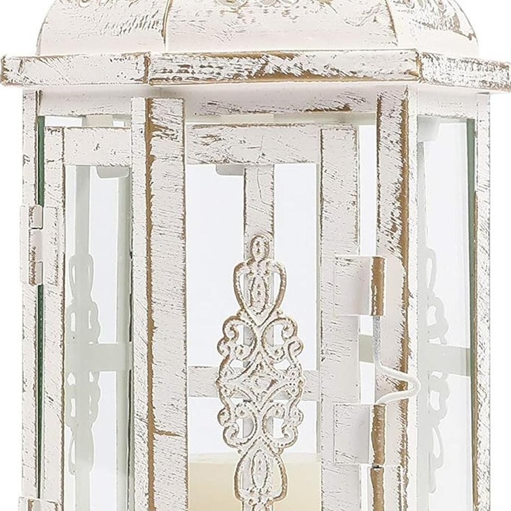 10" Clear And White Glass And Metal Distressed Tabletop Lantern Candle Holder HomeRoots