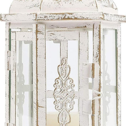 10" Clear And White Glass And Metal Distressed Tabletop Lantern Candle Holder HomeRoots