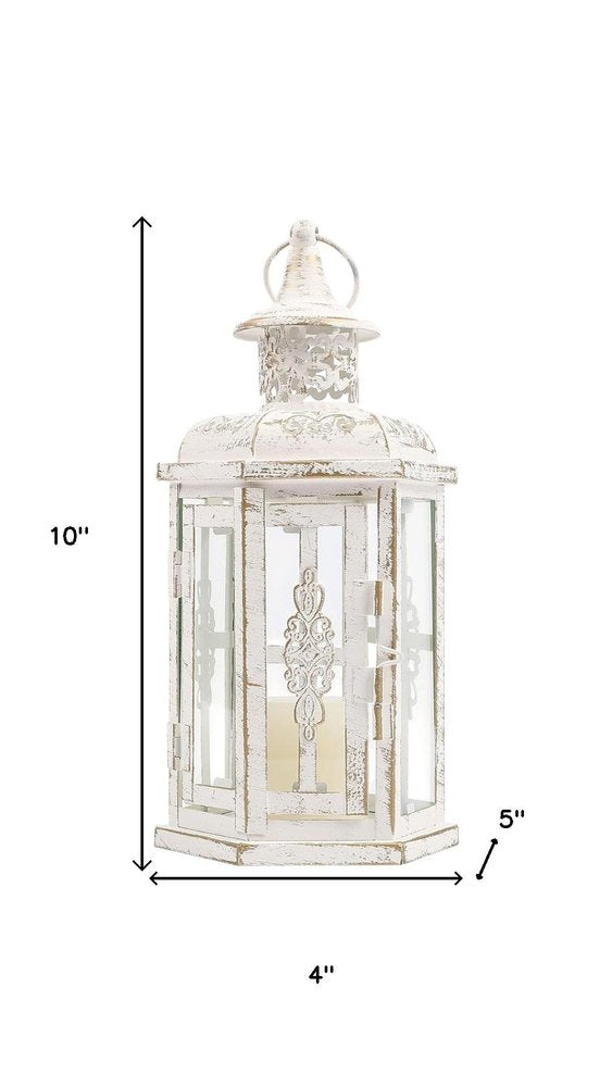 10" Clear And White Glass And Metal Distressed Tabletop Lantern Candle Holder HomeRoots