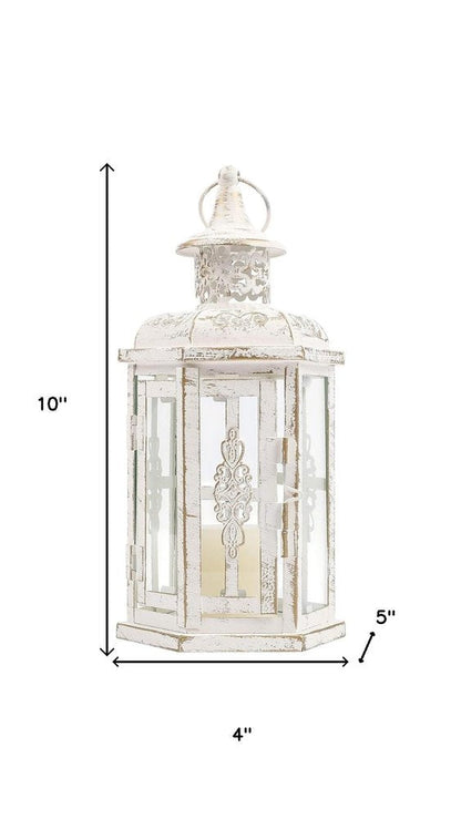 10" Clear And White Glass And Metal Distressed Tabletop Lantern Candle Holder HomeRoots