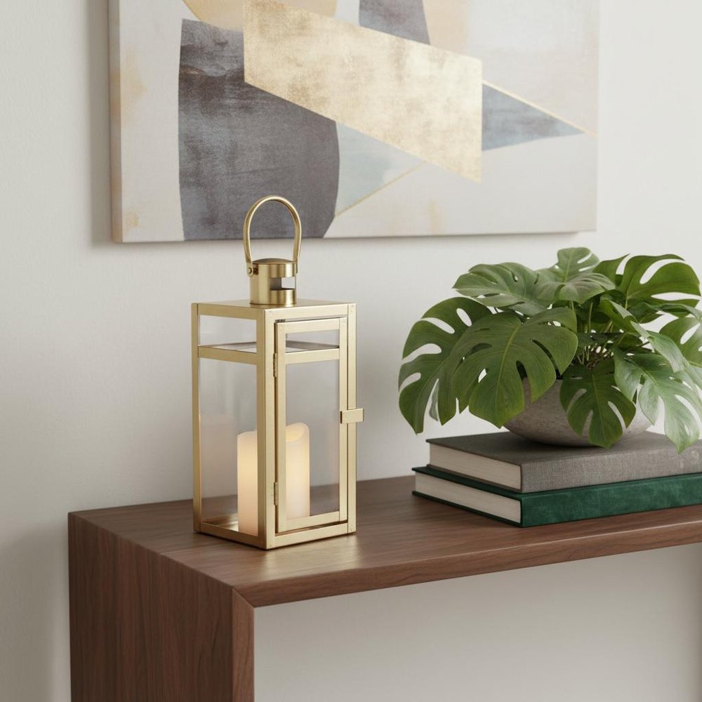 12" Clear And Gold Glass And Stainless Steel Tabletop Lantern Candle Holder HomeRoots