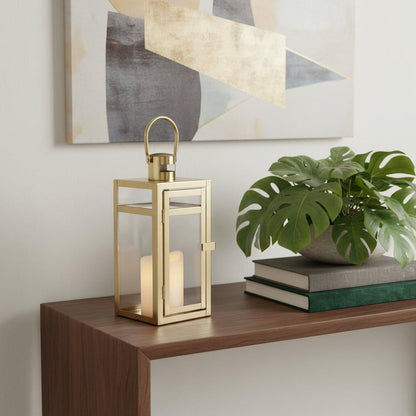 12" Clear And Gold Glass And Stainless Steel Tabletop Lantern Candle Holder HomeRoots