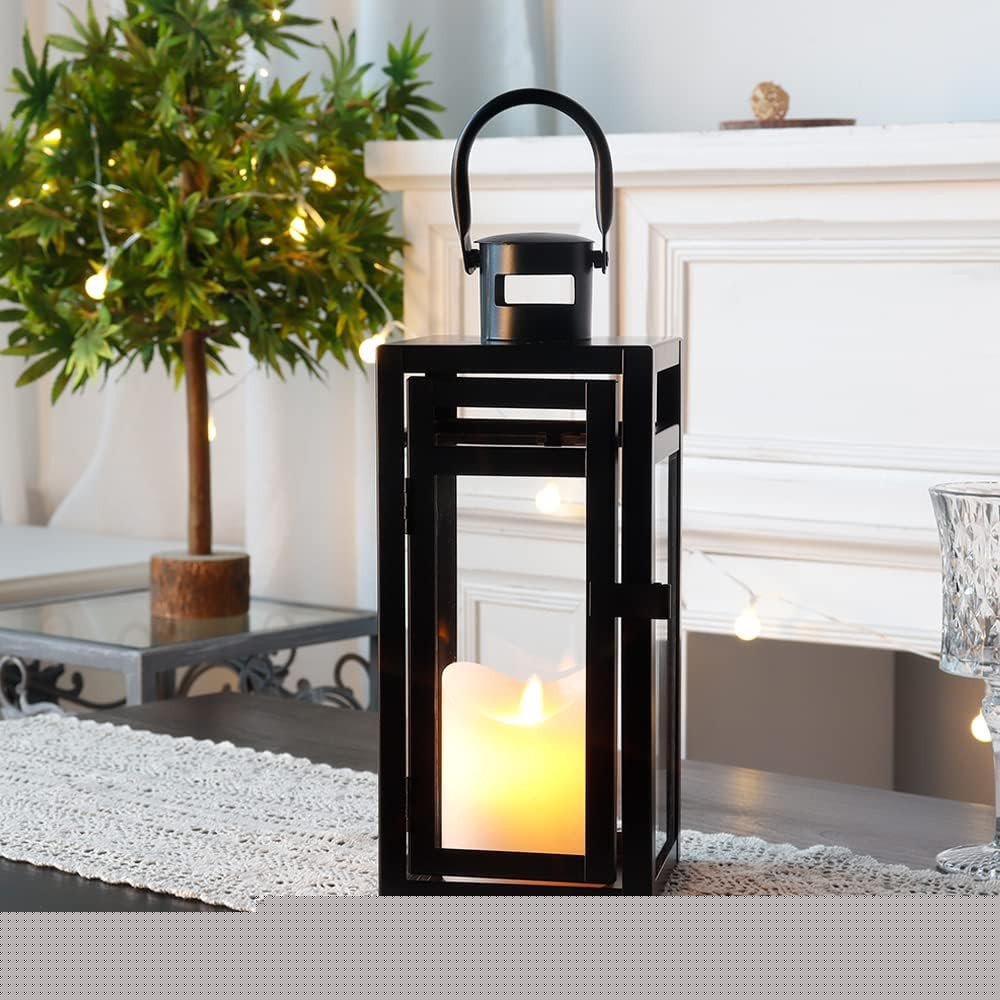 12" Clear And Black Glass And Metal Tabletop Lantern Candle Holder HomeRoots