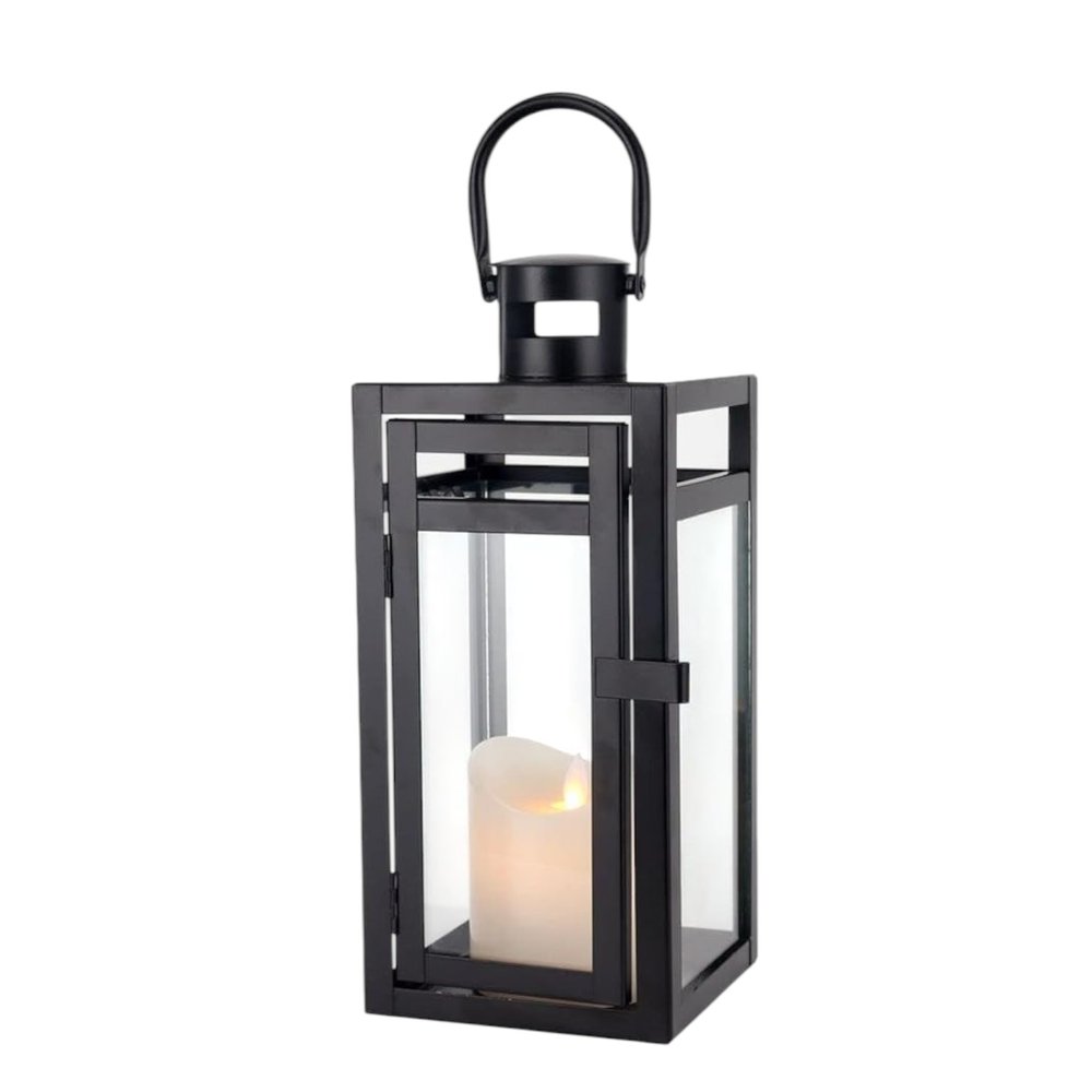 12" Clear And Black Glass And Metal Tabletop Lantern Candle Holder HomeRoots