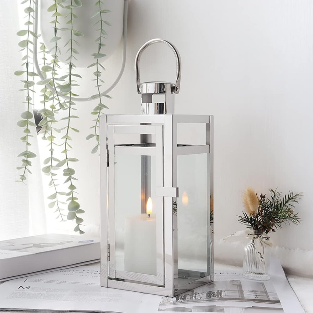 12" Clear And Silver Glass And Stainless Steel Floor Lantern Candle Holder HomeRoots