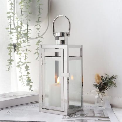 12" Clear And Silver Glass And Stainless Steel Floor Lantern Candle Holder HomeRoots