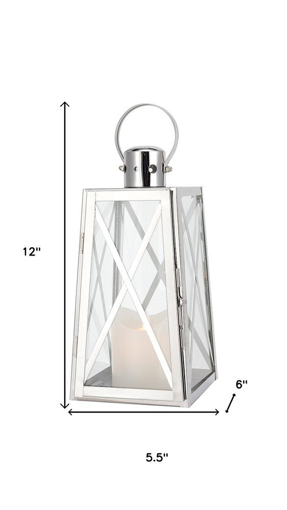 12" Clear And Silver Glass And Stainless Steel Tabletop Lantern Candle Holder HomeRoots