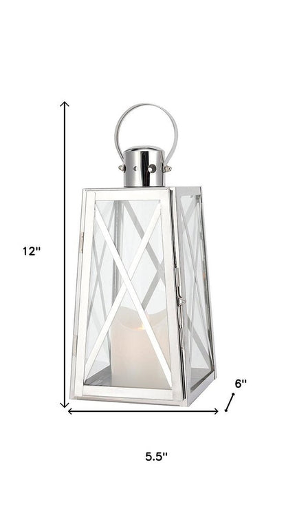 12" Clear And Silver Glass And Stainless Steel Tabletop Lantern Candle Holder HomeRoots