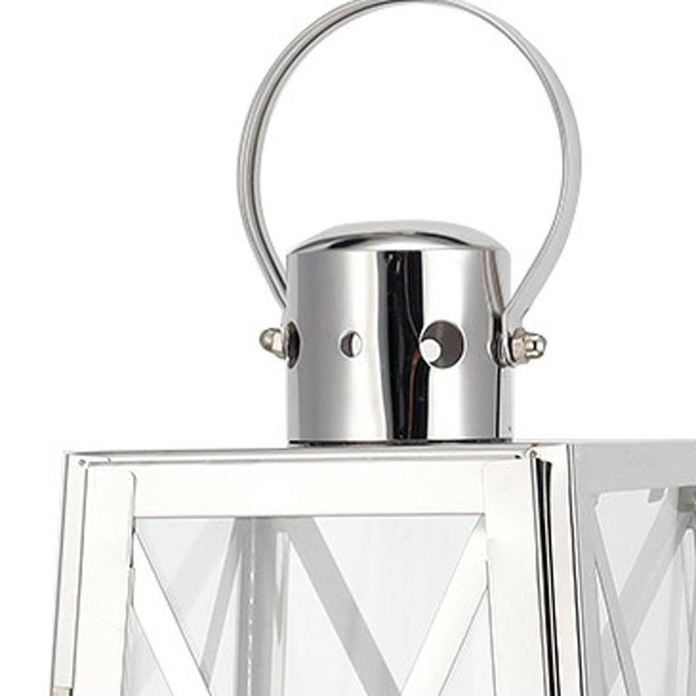 12" Clear And Silver Glass And Stainless Steel Tabletop Lantern Candle Holder HomeRoots
