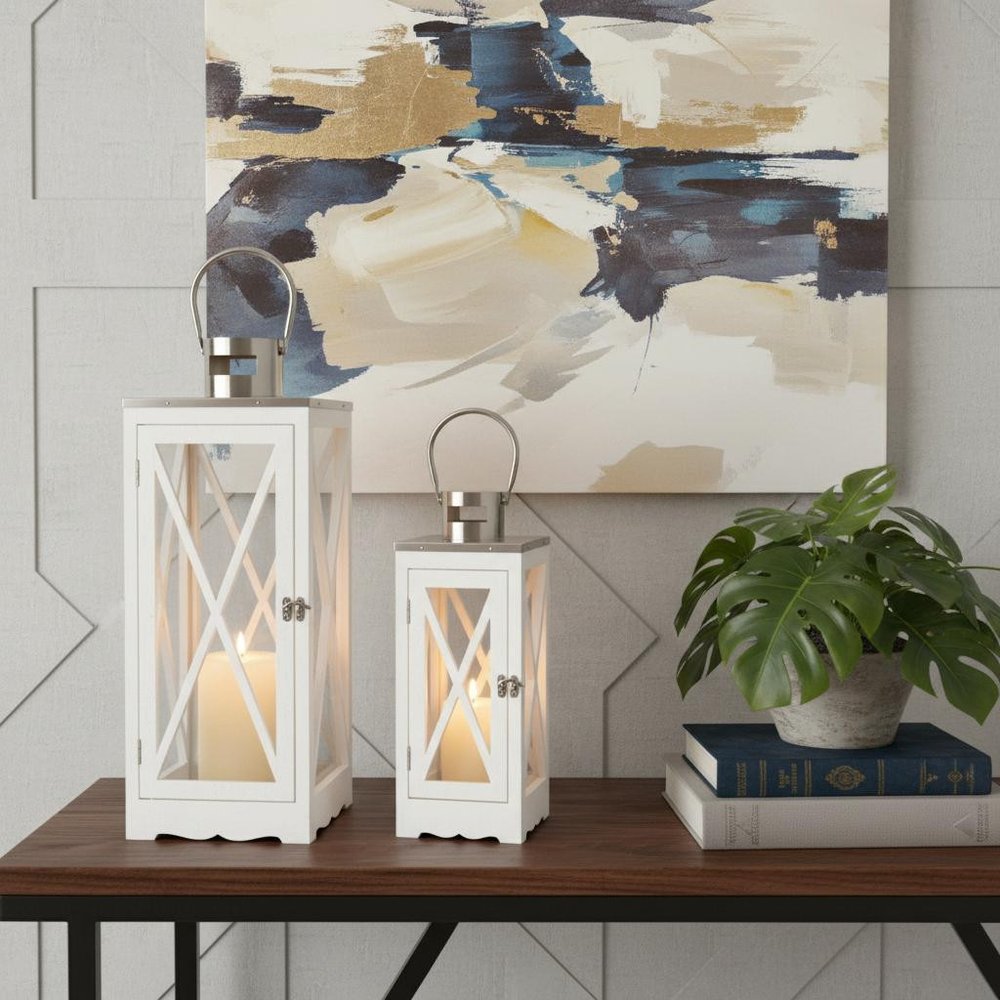 Set of Two Clear And White Glass And Solid Wood Floor Lantern Candle Holders HomeRoots