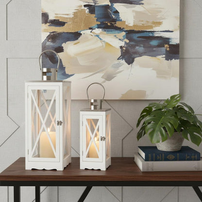 Set of Two Clear And White Glass And Solid Wood Floor Lantern Candle Holders HomeRoots