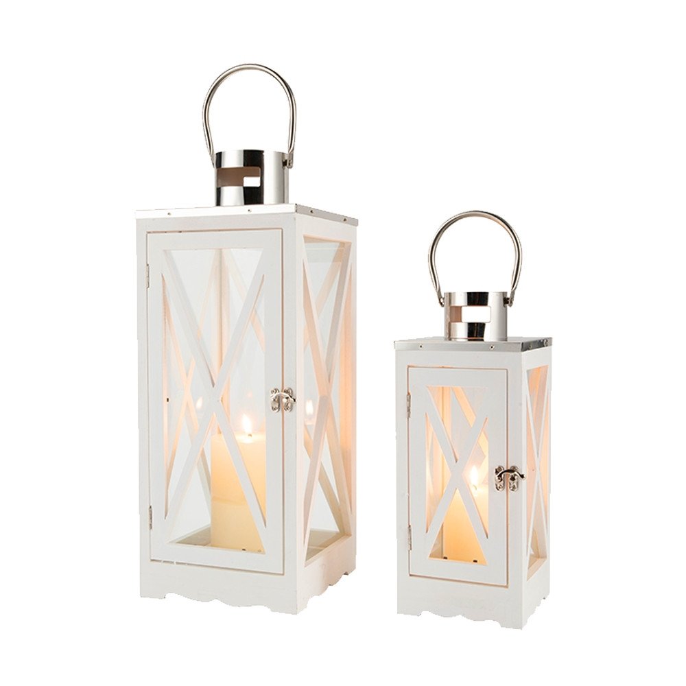 Set of Two Clear And White Glass And Solid Wood Floor Lantern Candle Holders HomeRoots
