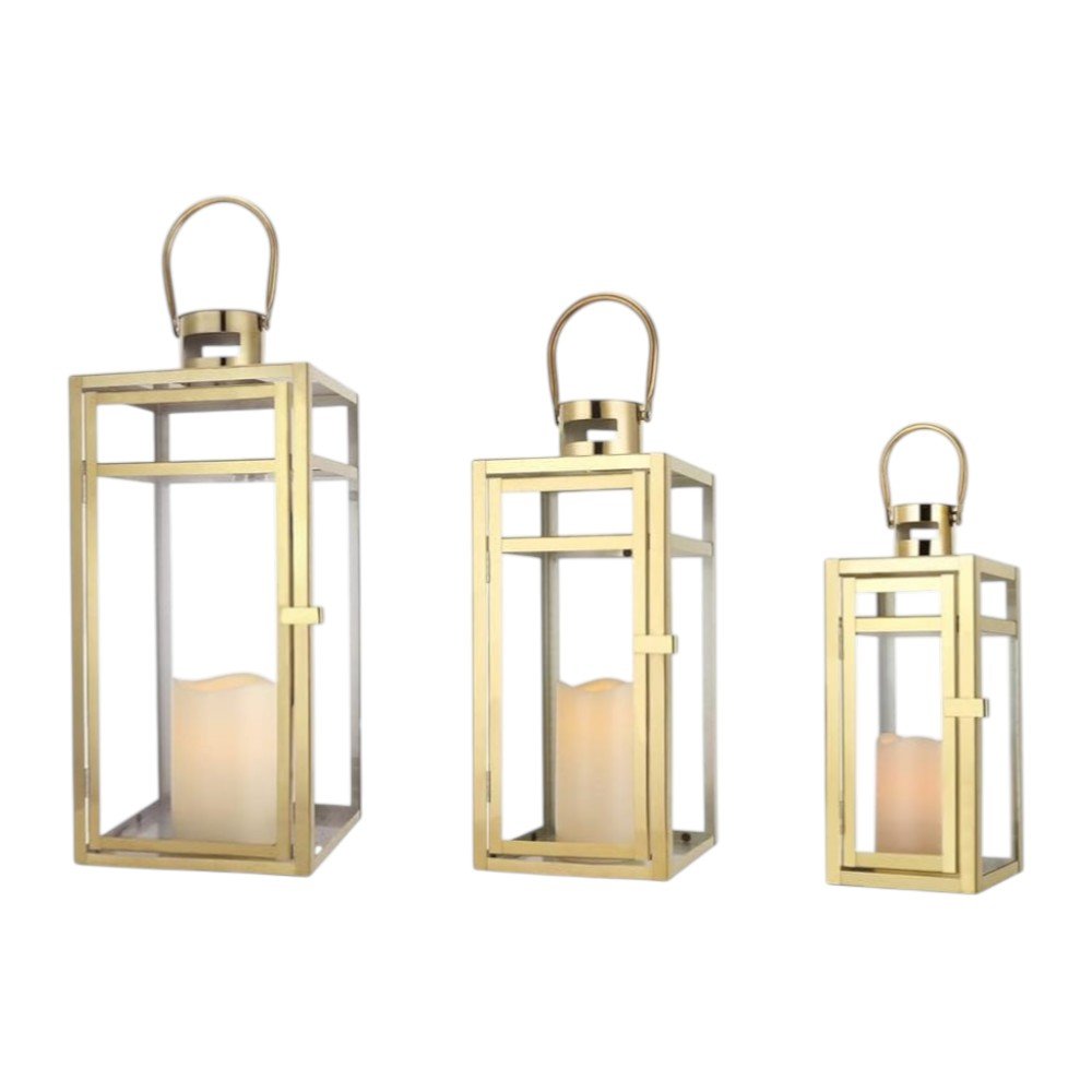 Set of Three Clear And Gold Glass And Stainless Steel Tabletop Lantern Candle Holders HomeRoots