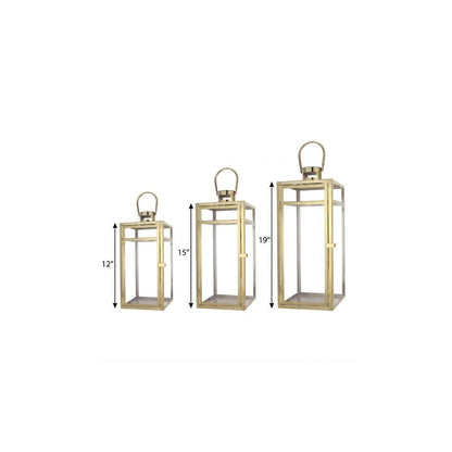 Set of Three Clear And Gold Glass And Stainless Steel Tabletop Lantern Candle Holders HomeRoots