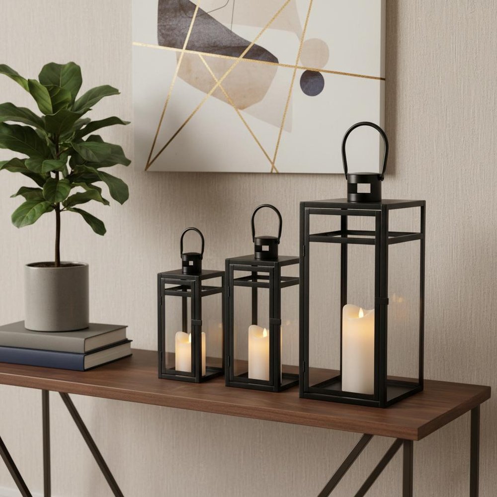 Set of Three Clear And Black Glass And Stainless Steel Tabletop Lantern Candle Holders HomeRoots