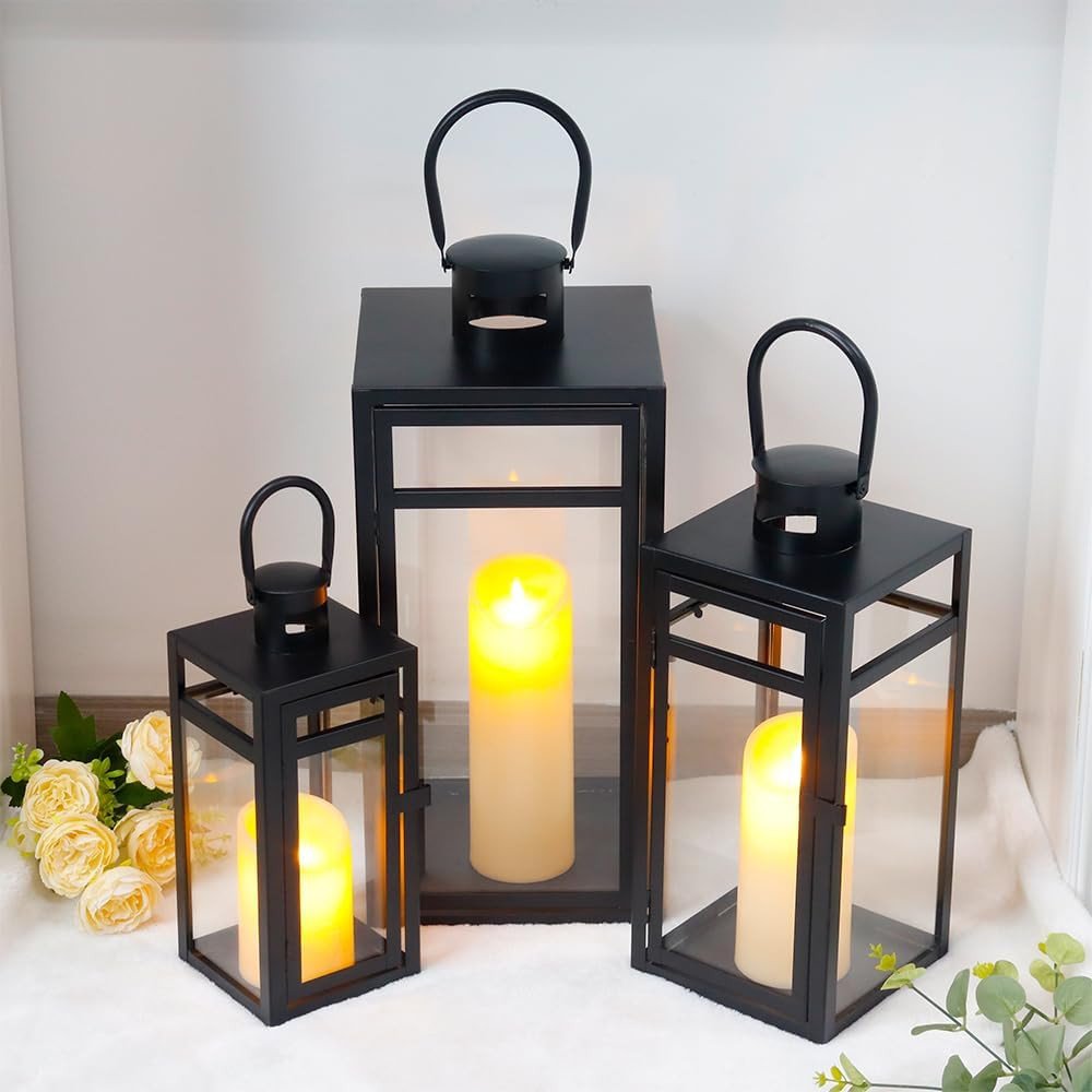 Set of Three Clear And Black Glass And Stainless Steel Tabletop Lantern Candle Holders HomeRoots